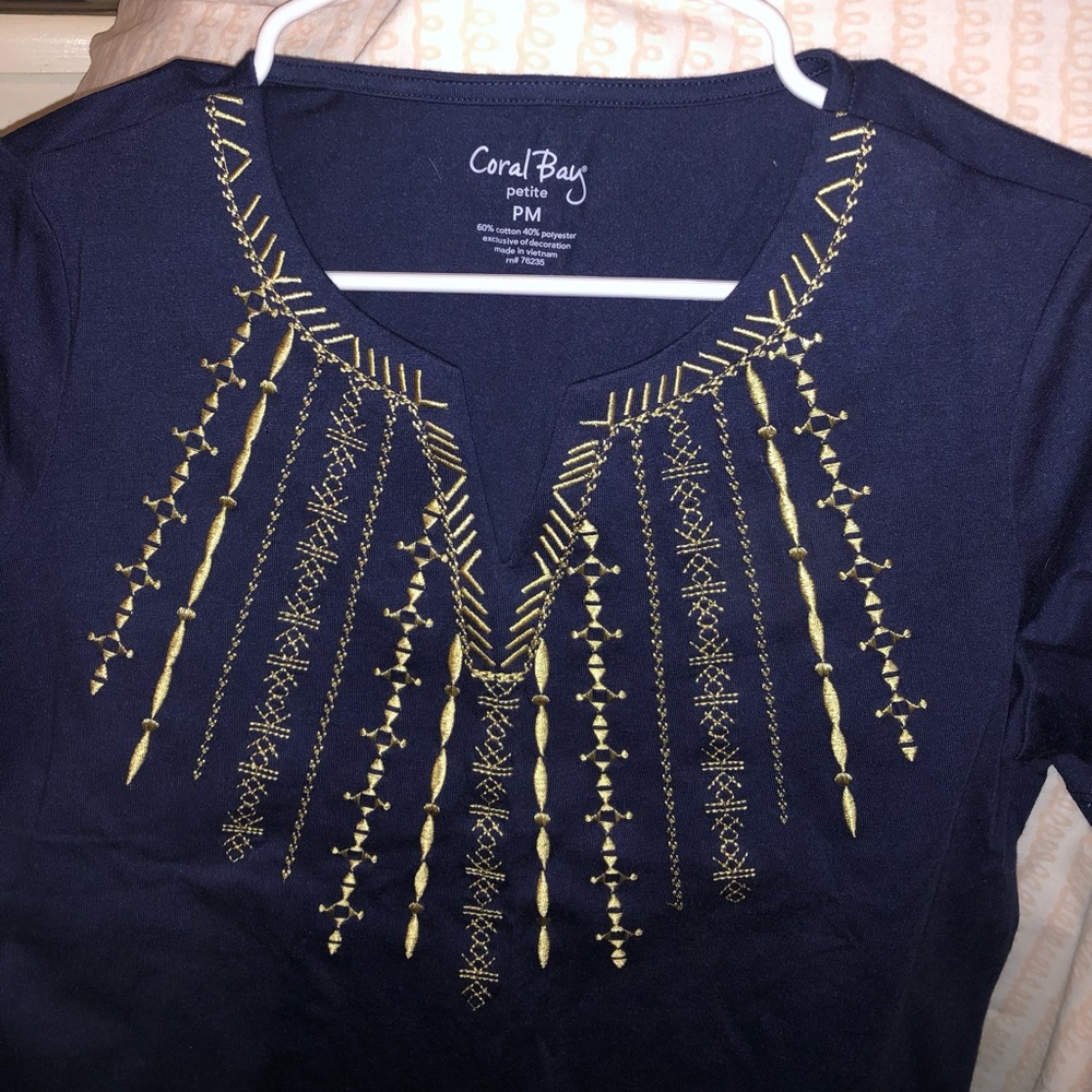Coral Bay Women's Navy Top with Gold Embroidery